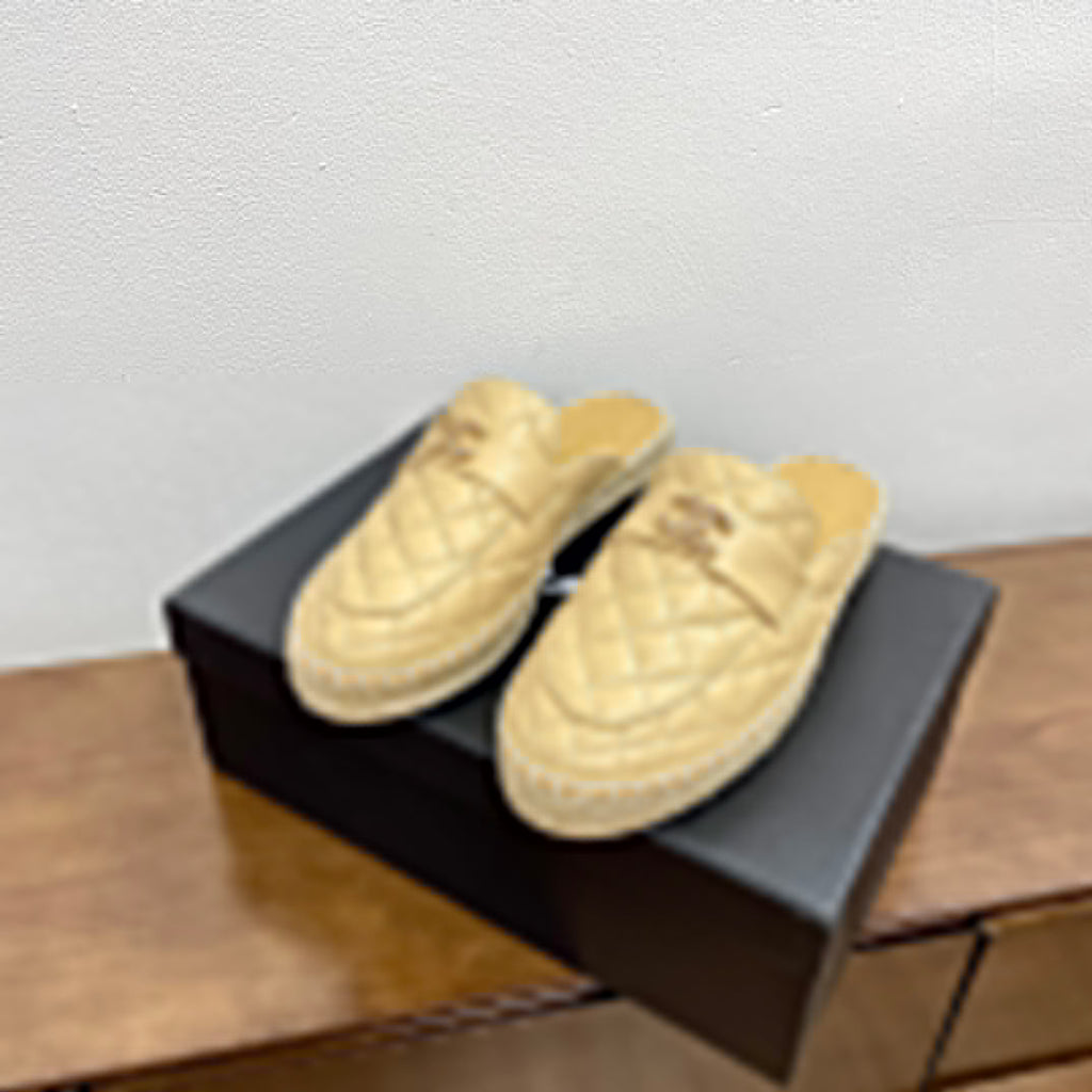 Chanel Women Half - Slippers Yellow Cream Lambskin