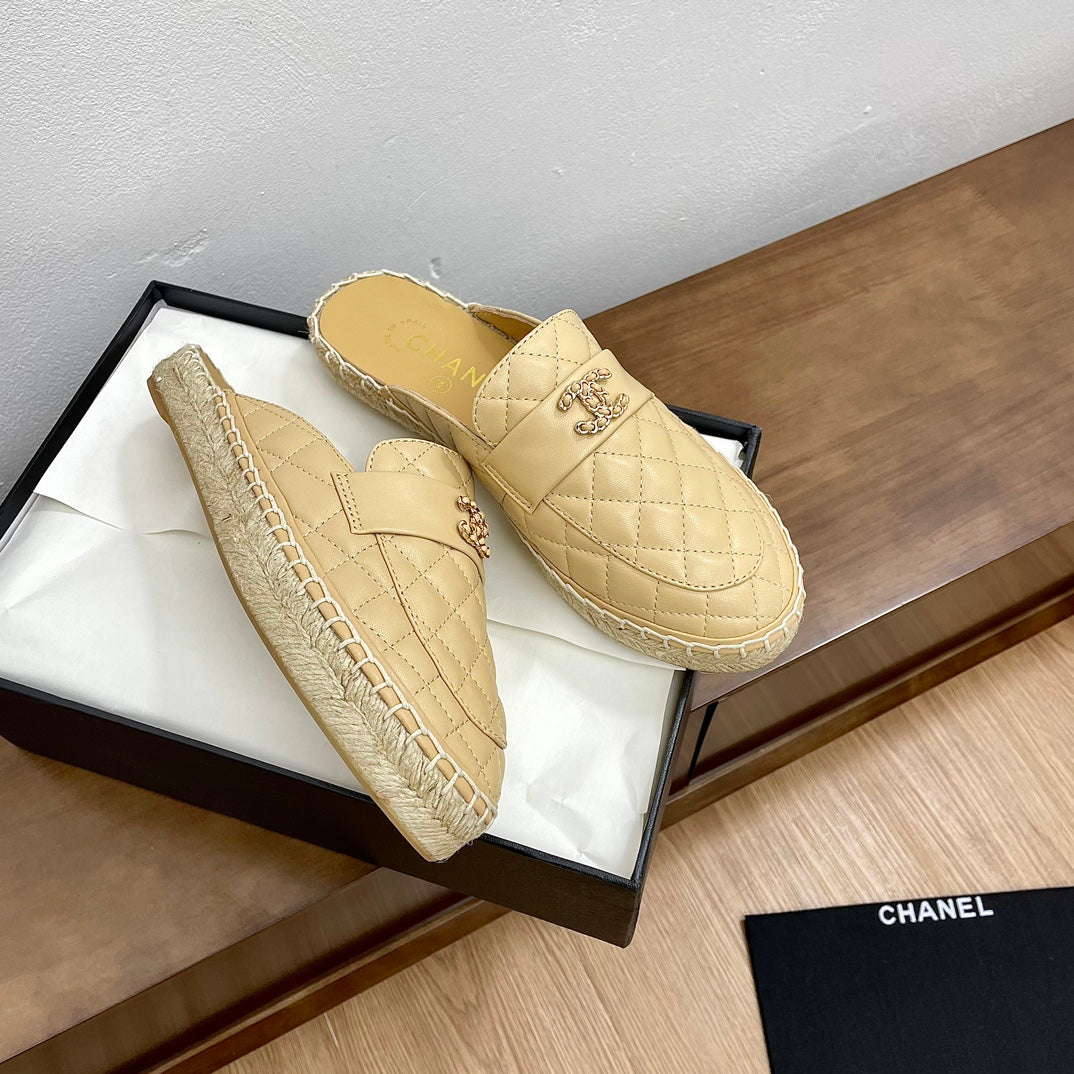 Chanel Women Half - Slippers Yellow Cream Lambskin