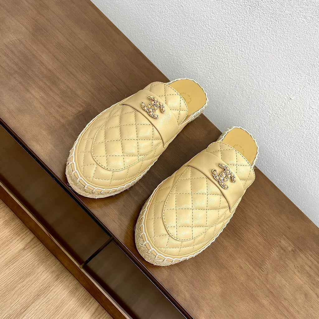 Chanel Women Half - Slippers Yellow Cream Lambskin