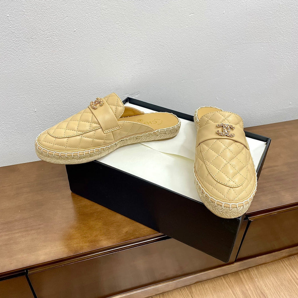 Chanel Women Half - Slippers Yellow Cream Lambskin