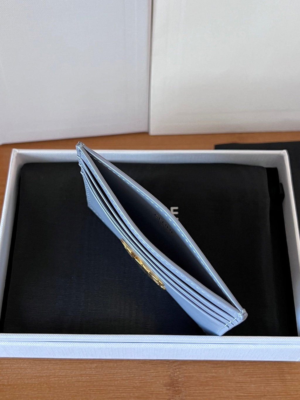 Celine 25S Card Holder with Triomphe Logo 11 in Light Blue Gray Calfskin