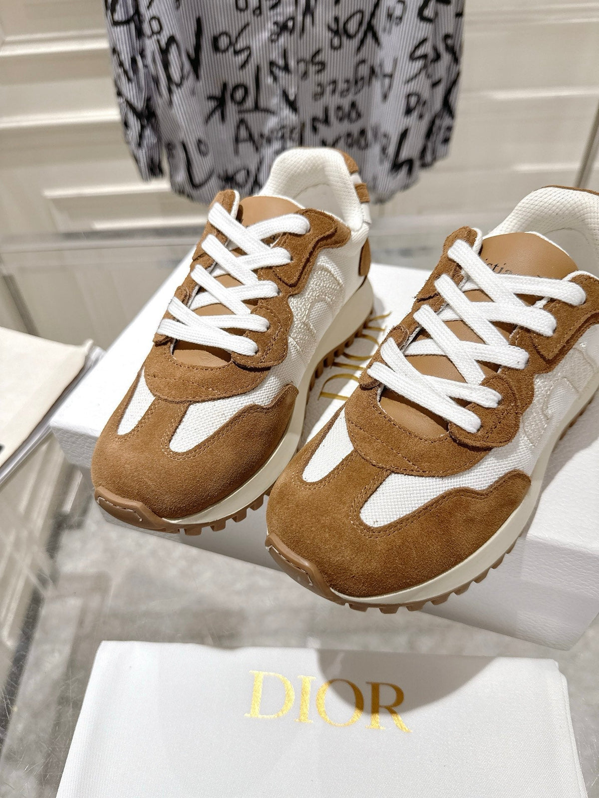 Dior 25S C'Est Sneaker in White Hazelnut Calfskin and Suede