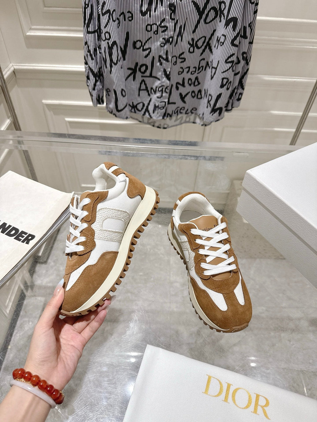 Dior 25S C'Est Sneaker in White Hazelnut Calfskin and Suede