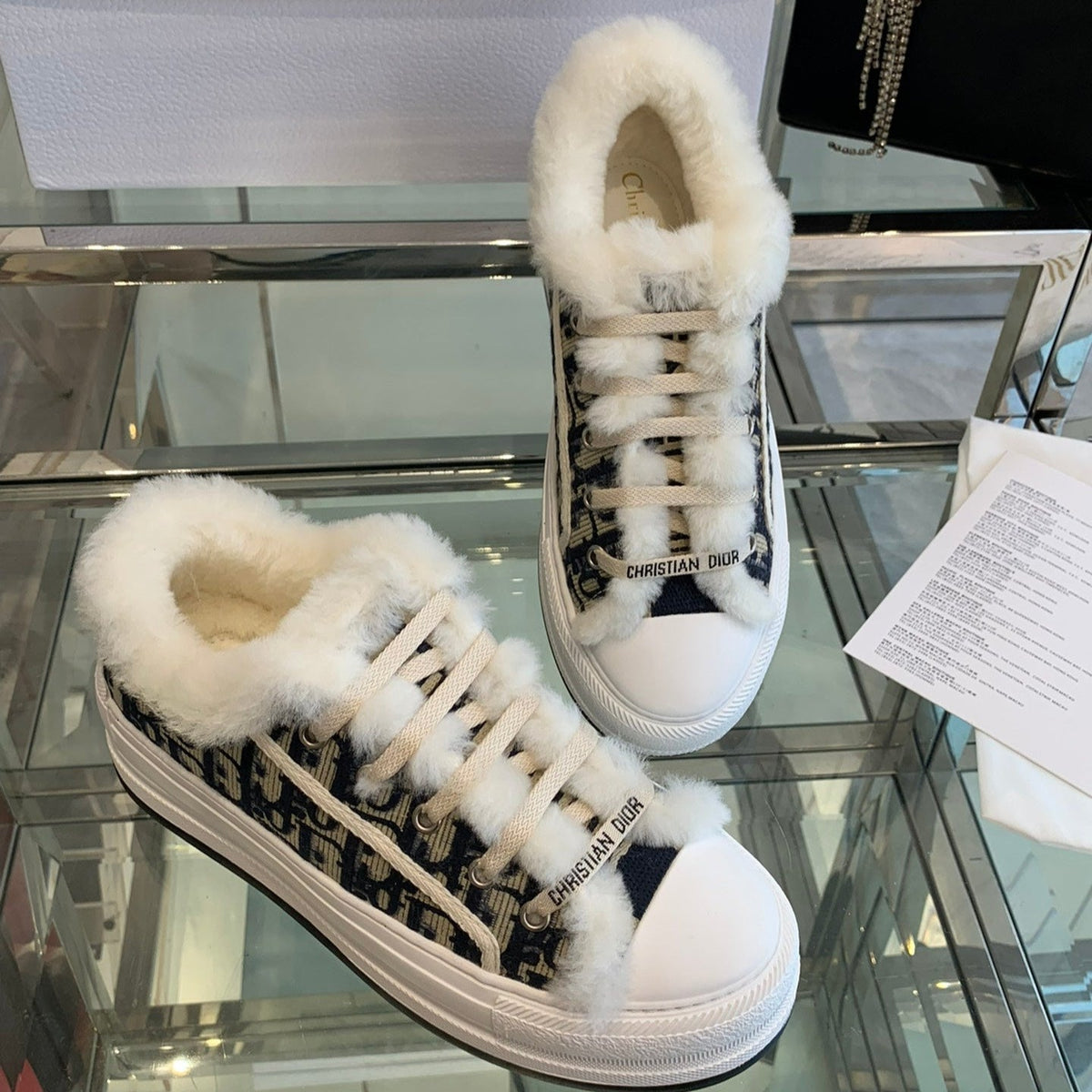 Dior Alk'N Platform Sneaker Camel Brown Cotton Embroidered with Oblique Motif and White Shearling