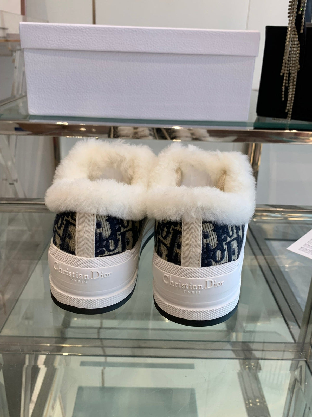 Dior Alk'N Platform Sneaker Camel Brown Cotton Embroidered with Oblique Motif and White Shearling