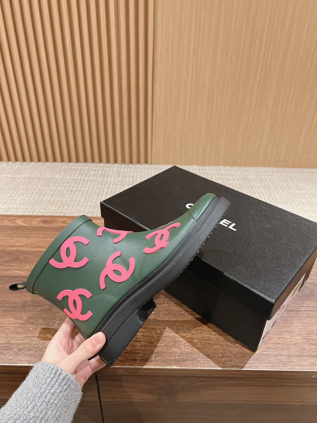 Chanel Rain Boots Green Forest Tpu with Pink Logo