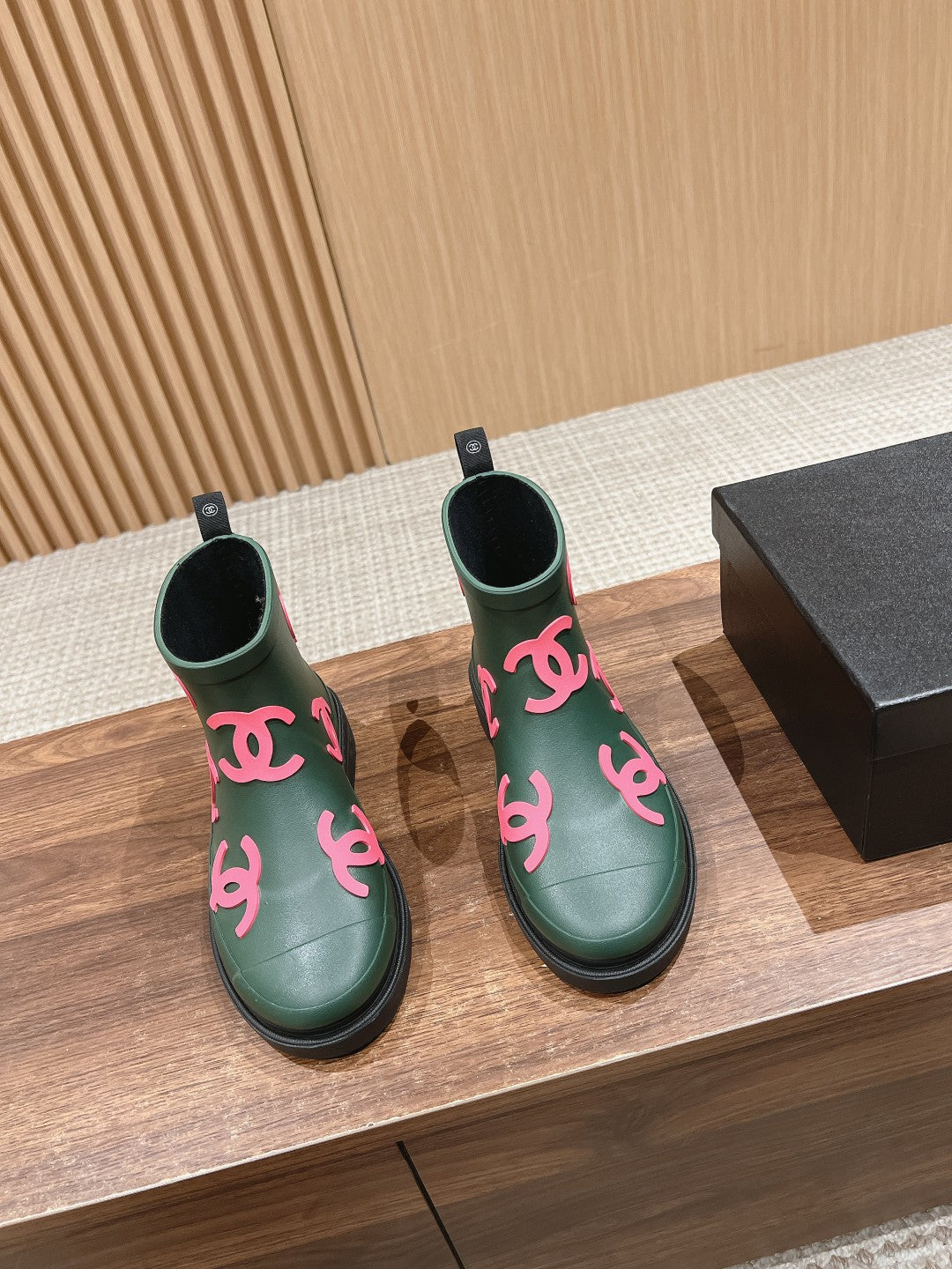 Chanel Rain Boots Green Forest Tpu with Pink Logo