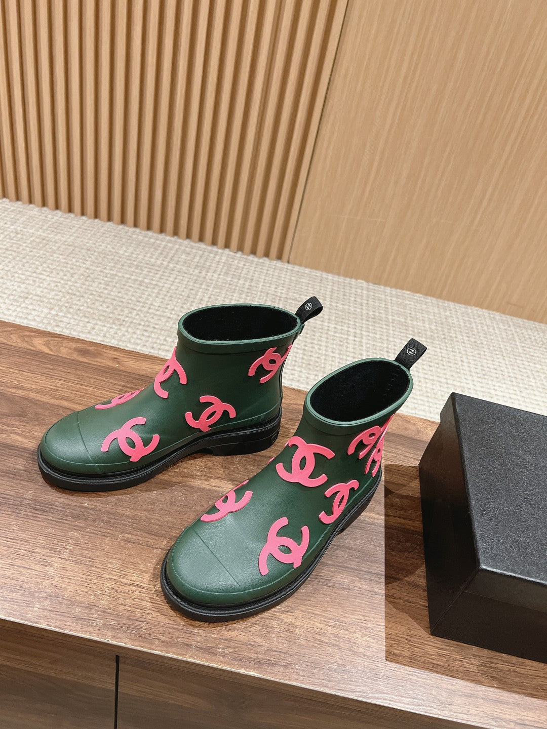 Chanel Rain Boots Green Forest Tpu with Pink Logo