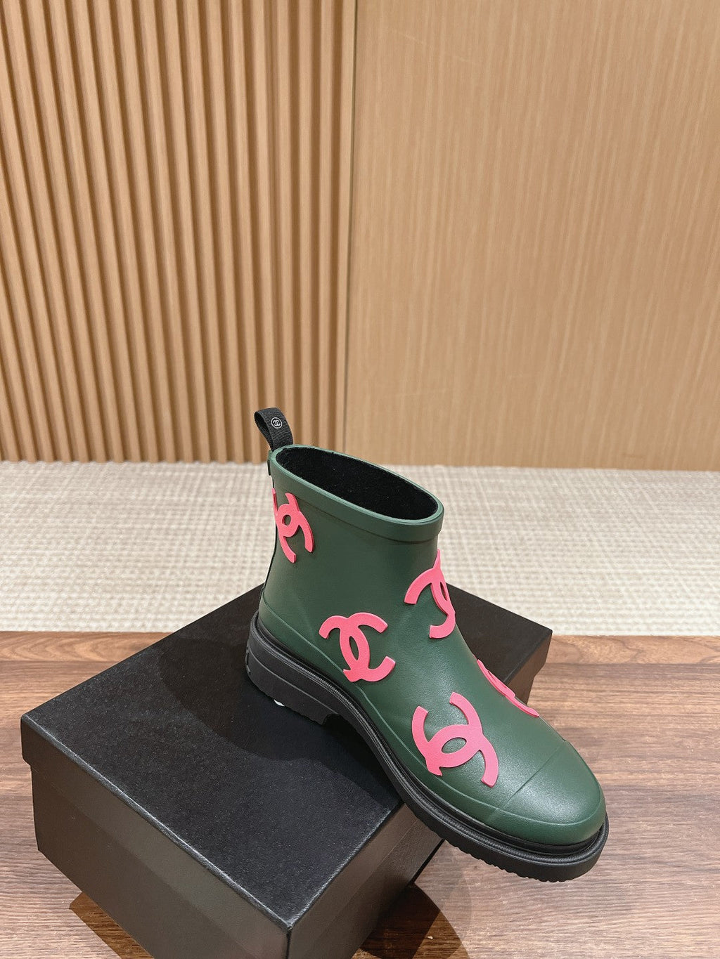Chanel Rain Boots Green Forest Tpu with Pink Logo