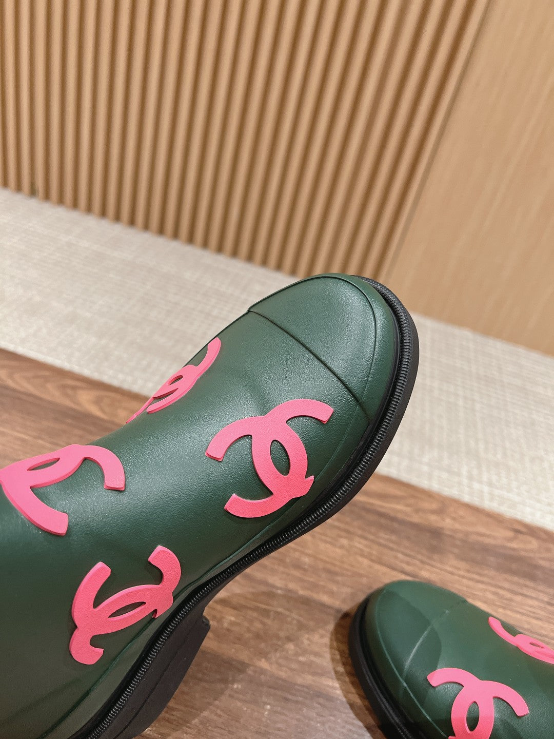 Chanel Rain Boots Green Forest Tpu with Pink Logo
