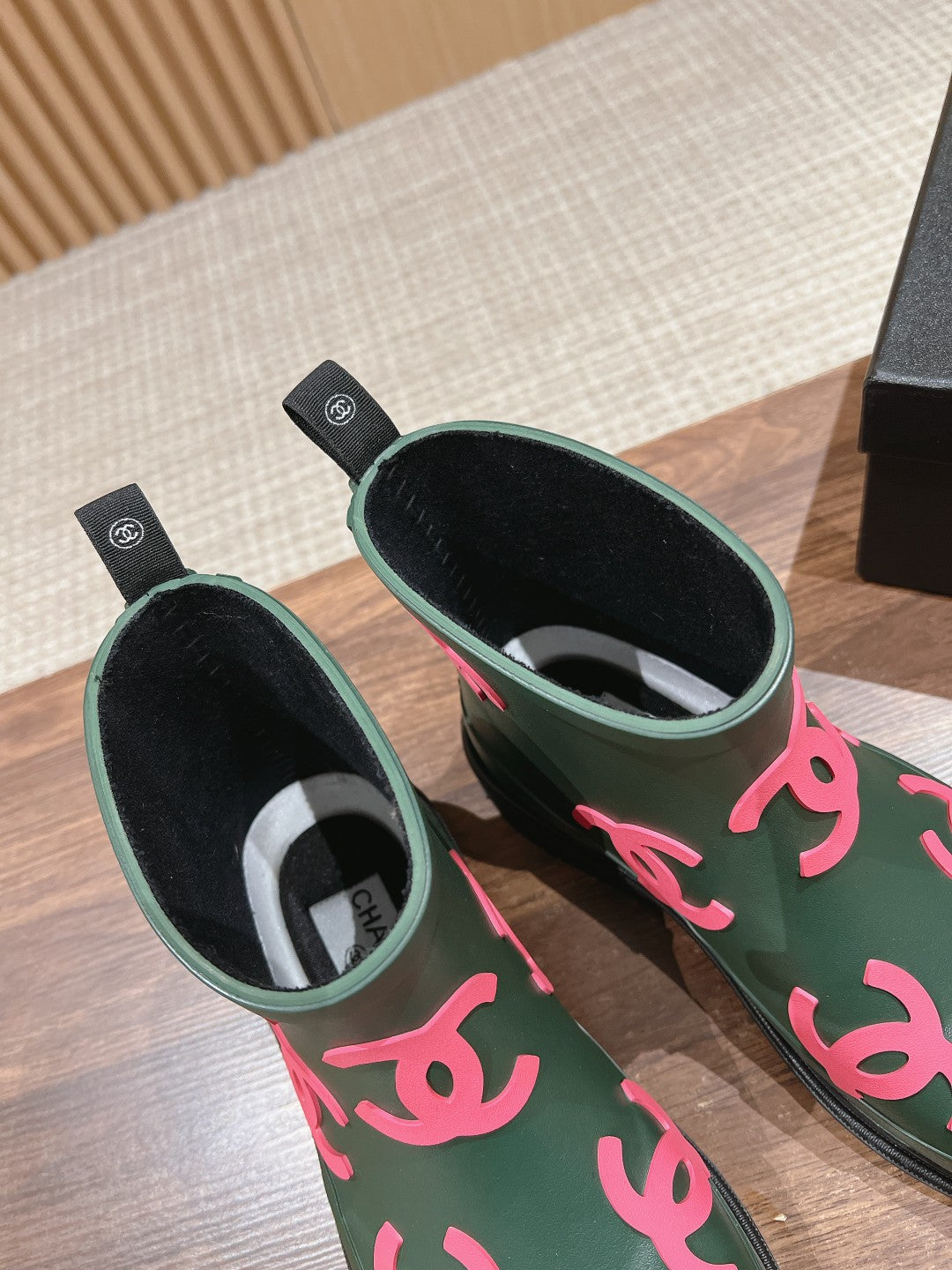 Chanel Rain Boots Green Forest Tpu with Pink Logo