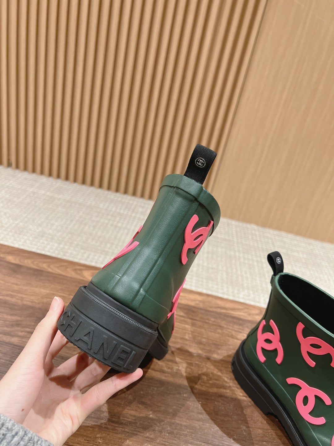 Chanel Rain Boots Green Forest Tpu with Pink Logo