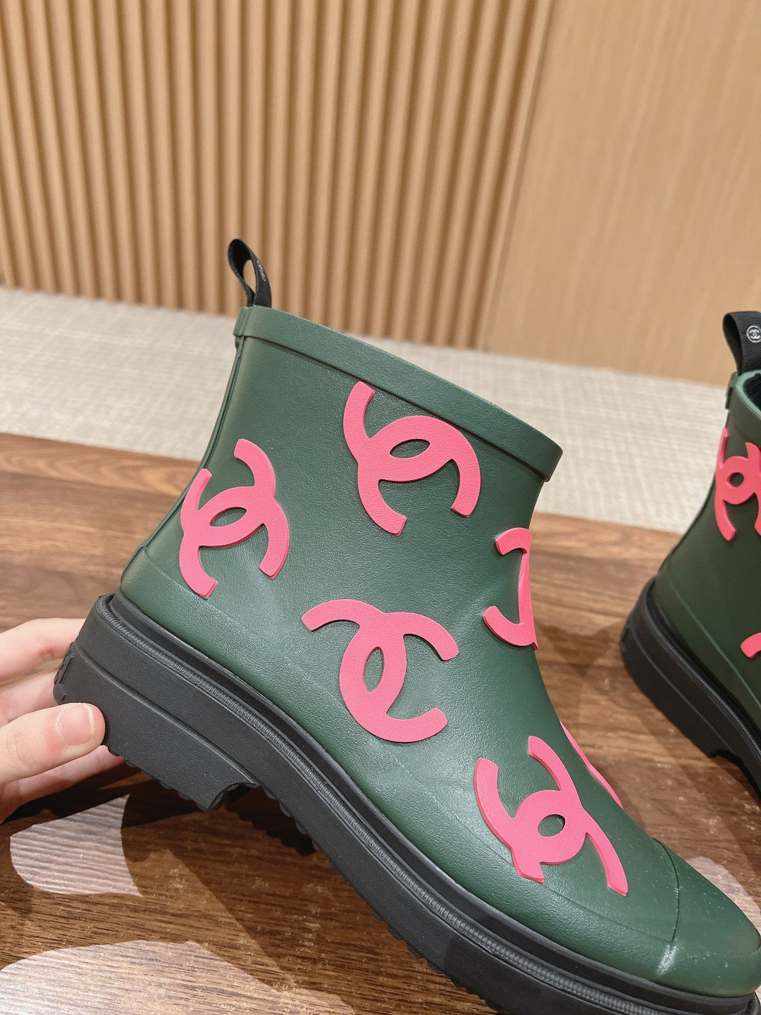 Chanel Rain Boots Green Forest Tpu with Pink Logo