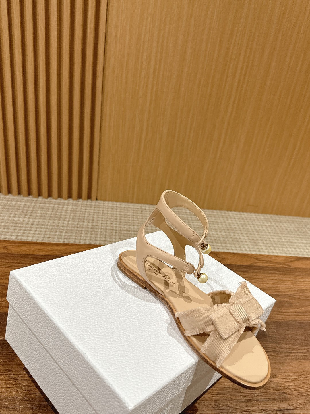Dior Aable Sandals 25S in Light Beige Fabric and Lambskin with Pearl Detailing