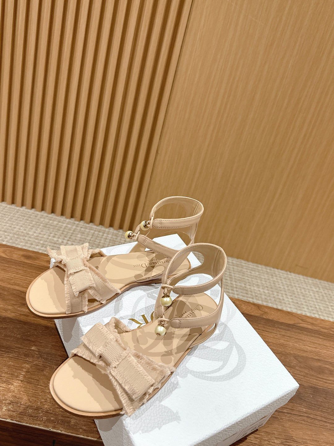Dior Aable Sandals 25S in Light Beige Fabric and Lambskin with Pearl Detailing