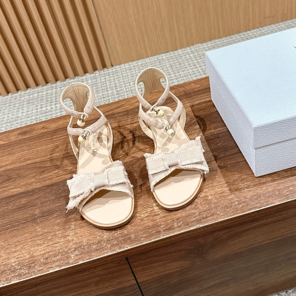 Dior Aable Sandals 25S in Light Beige Fabric and Lambskin with Pearl Detailing