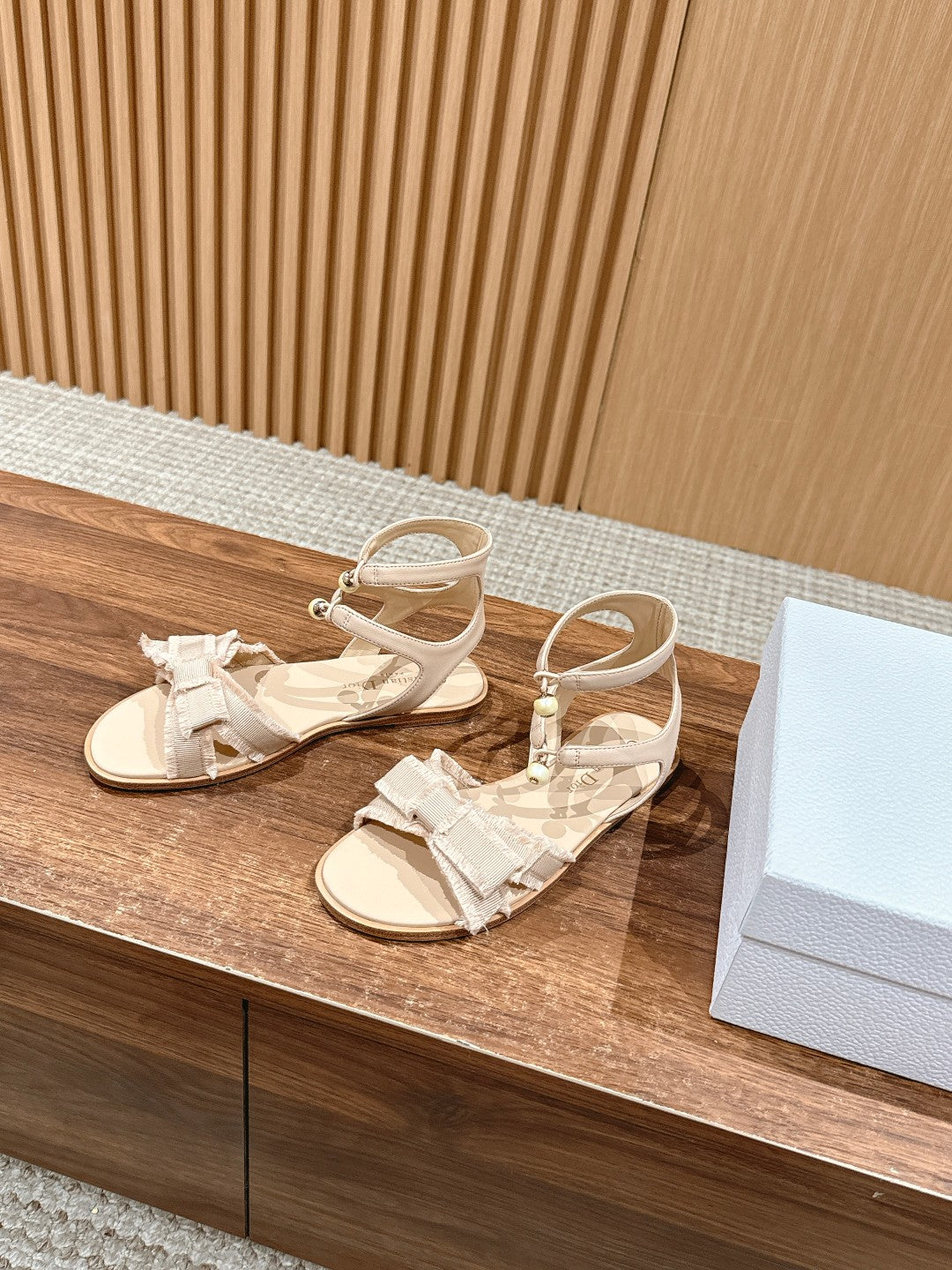 Dior Aable Sandals 25S in Light Beige Fabric and Lambskin with Pearl Detailing