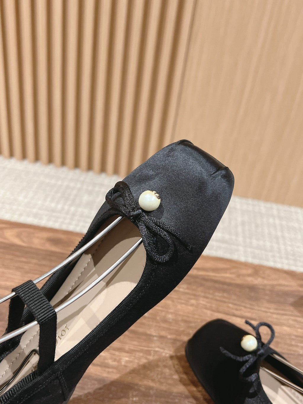 Dior Classic Lace-Up Ballet Flats 25S in Black Satin Pearl Detailing