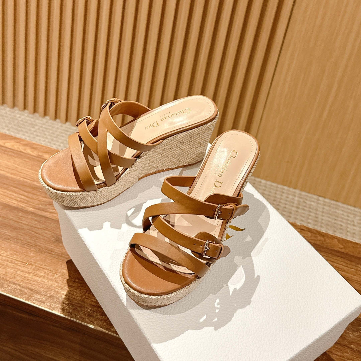 Dior Attitude Wedge Slide 90mm in Brown Adjustable Straps Calfskin Canvas Sole