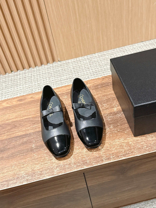 Chanel 25S Ballet Mary Janes Black in Calfskin and Patent Calfskin