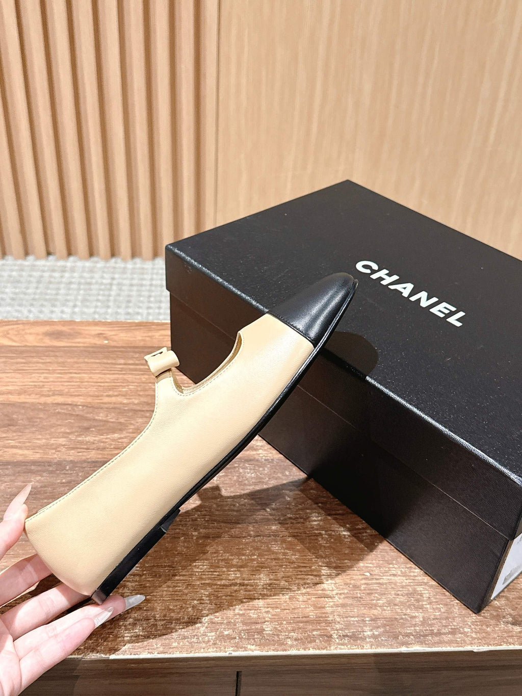 Chanel 25S Ballet Mary Janes Beige and Black in Calfskin
