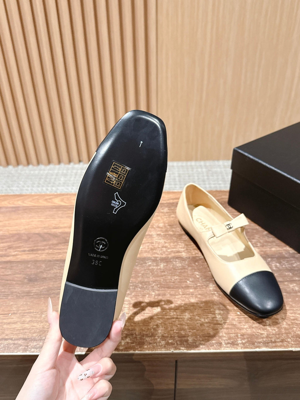 Chanel 25S Ballet Mary Janes Beige and Black in Calfskin