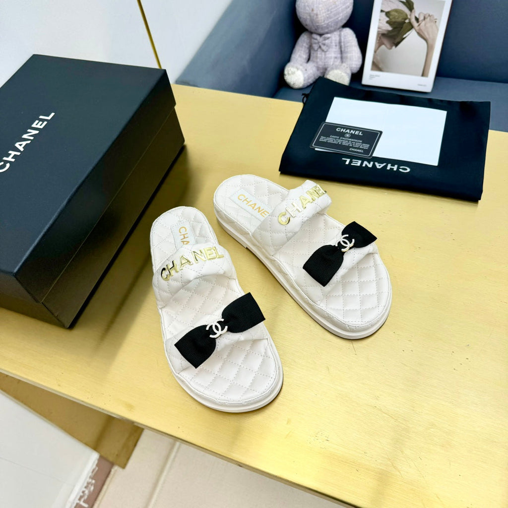 Chanel Dad Sandals with Bow in White Lambskin Mule