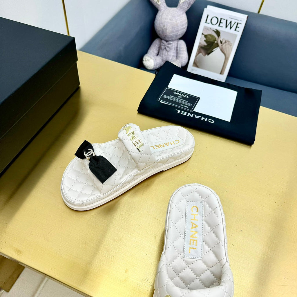Chanel Dad Sandals with Bow in White Lambskin Mule