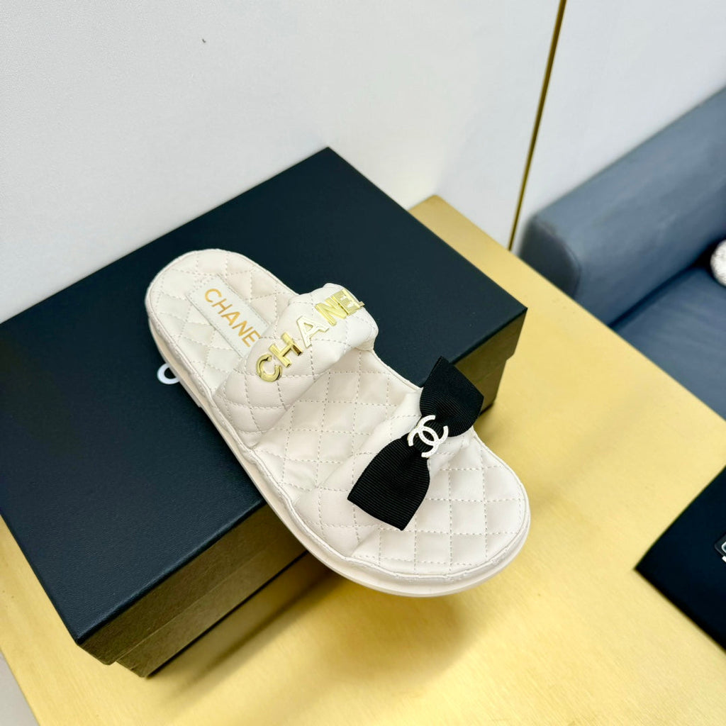 Chanel Dad Sandals with Bow in White Lambskin Mule