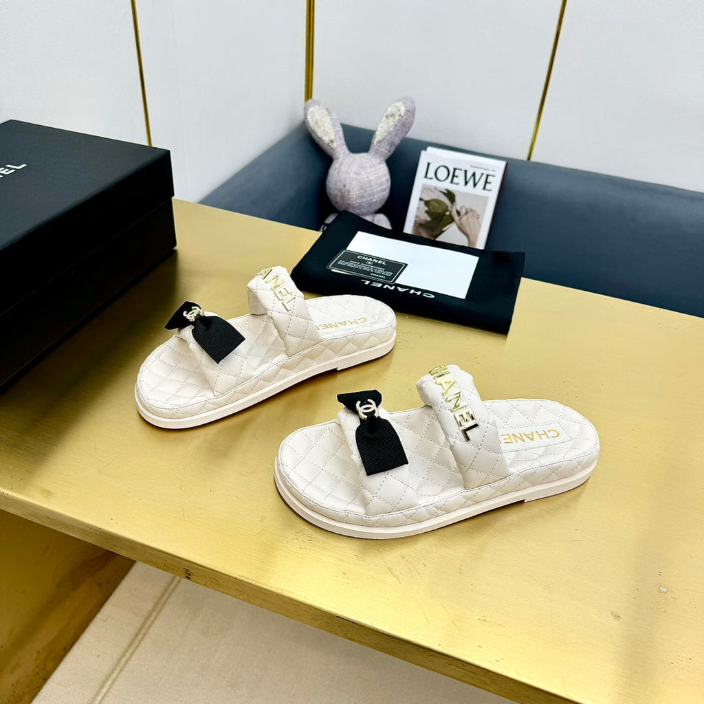 Chanel Dad Sandals with Bow in White Lambskin Mule