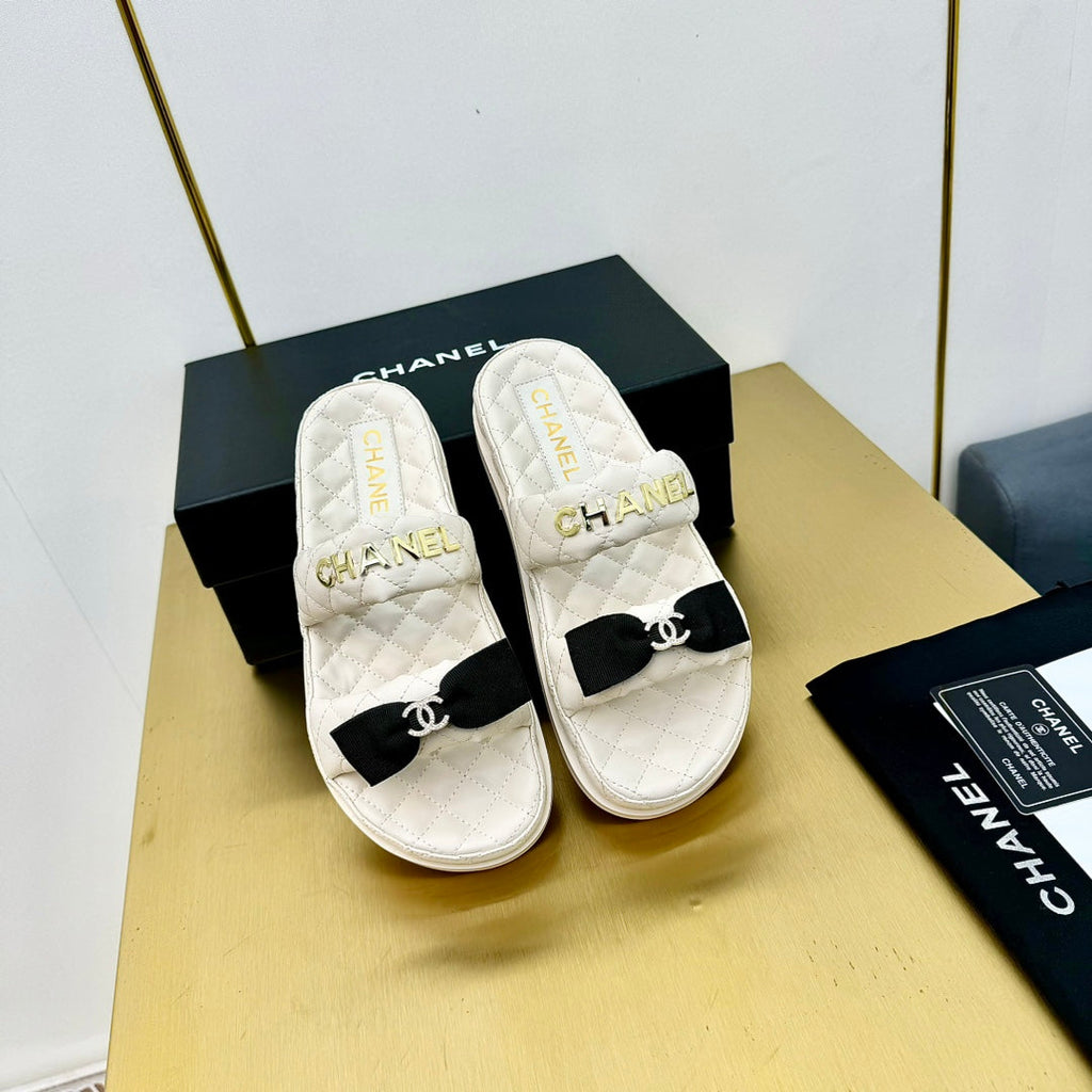 Chanel Dad Sandals with Bow in White Lambskin Mule