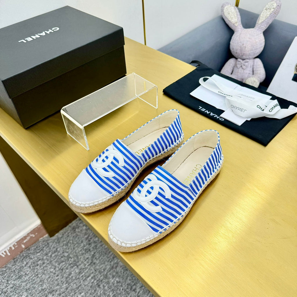 Chanel Slip-On 25S in Blue and White Fabric with Striped Pattern