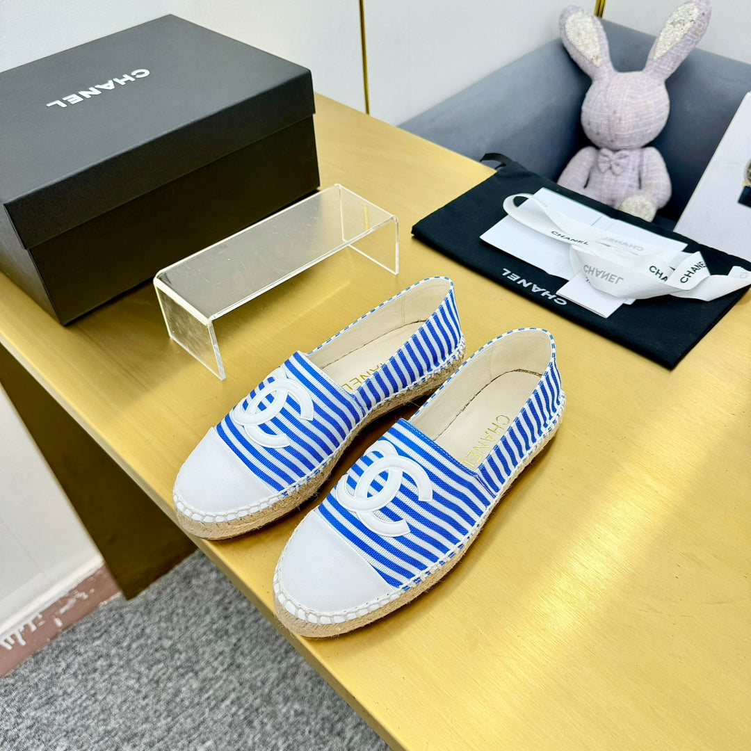 Chanel Slip-On 25S in Blue and White Fabric with Striped Pattern