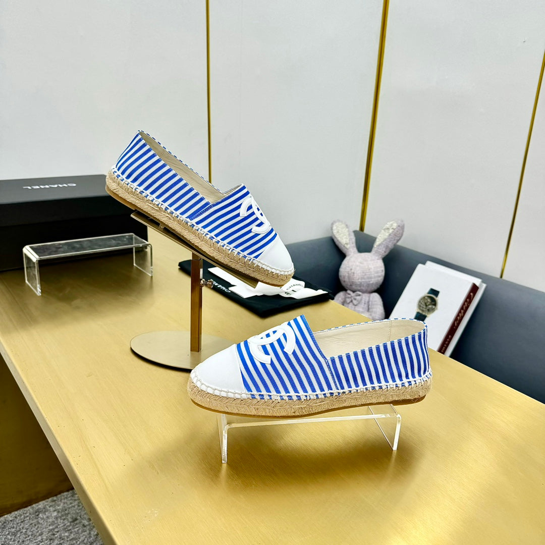 Chanel Slip-On 25S in Blue and White Fabric with Striped Pattern