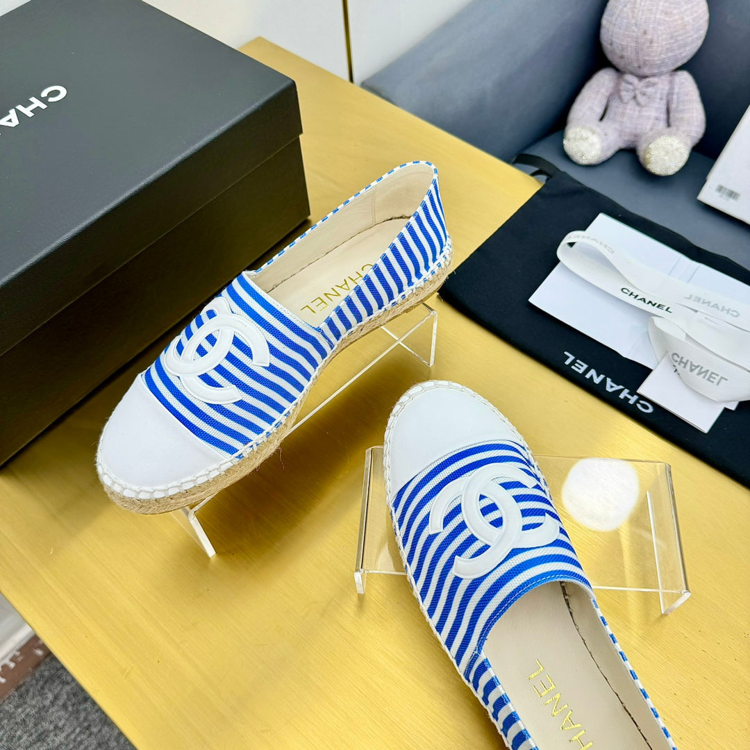 Chanel Slip-On 25S in Blue and White Fabric with Striped Pattern