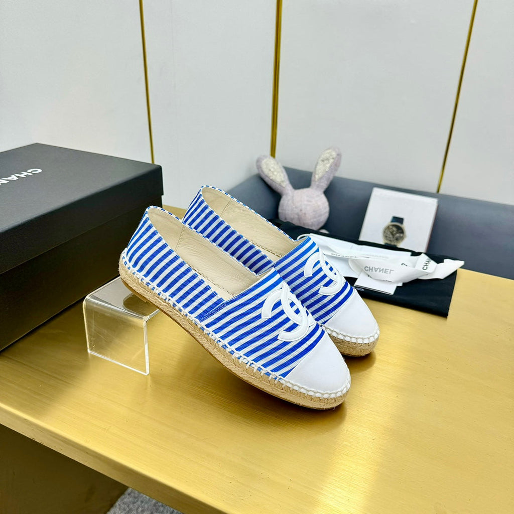 Chanel Slip-On 25S in Blue and White Fabric with Striped Pattern