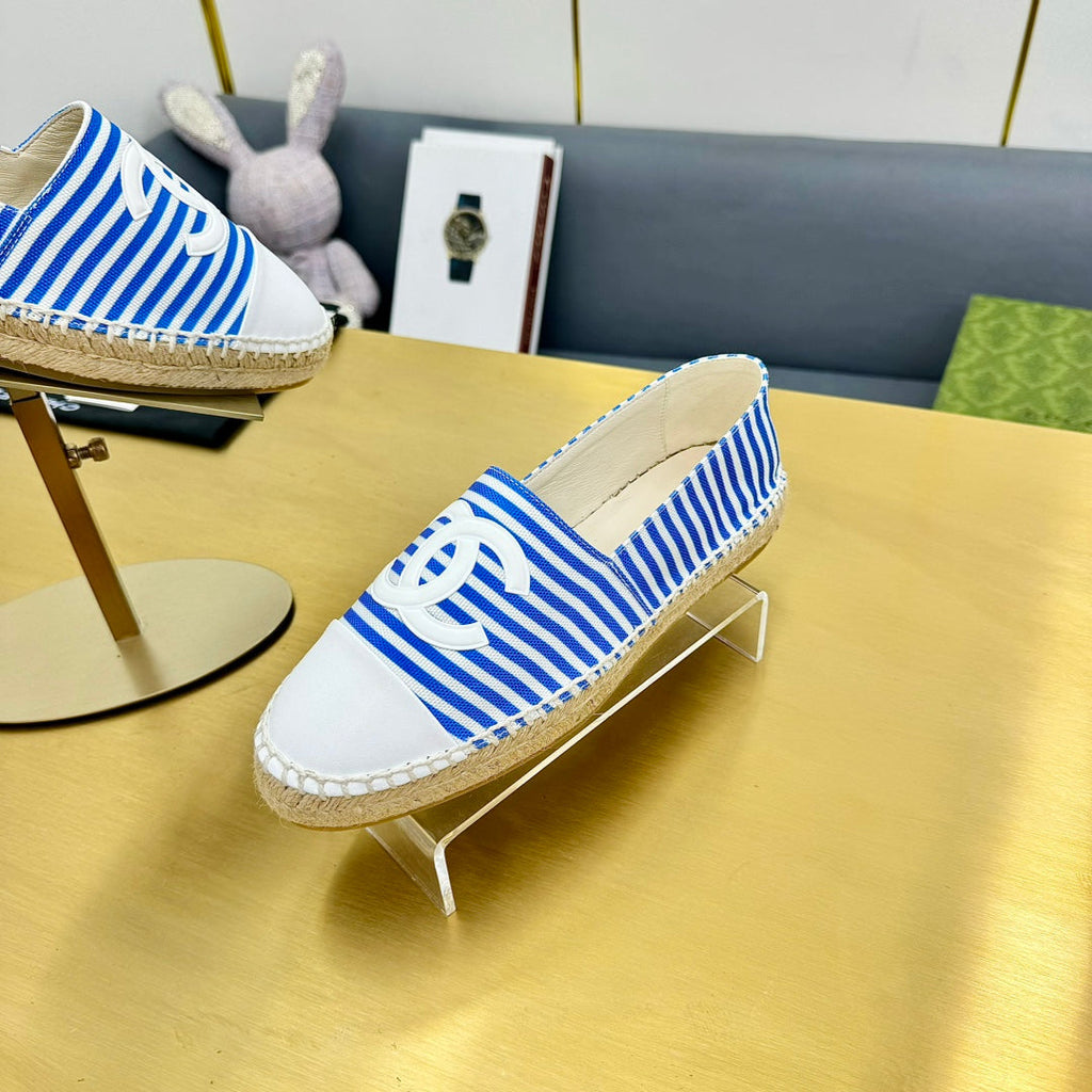 Chanel Slip-On 25S in Blue and White Fabric with Striped Pattern