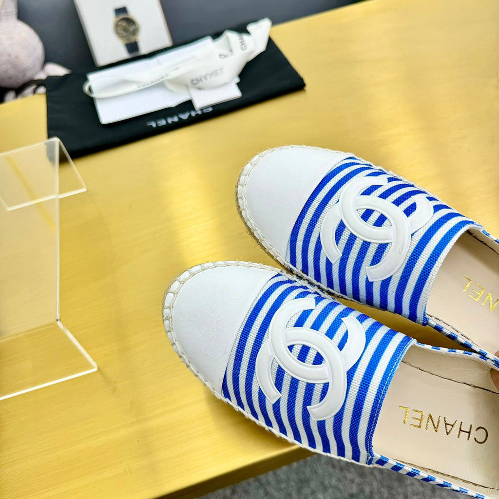 Chanel Slip-On 25S in Blue and White Fabric with Striped Pattern
