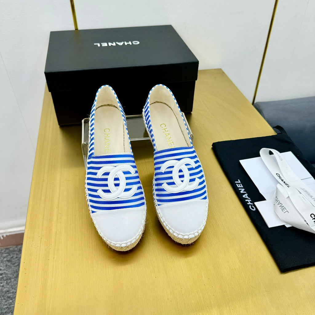 Chanel Slip-On 25S in Blue and White Fabric with Striped Pattern