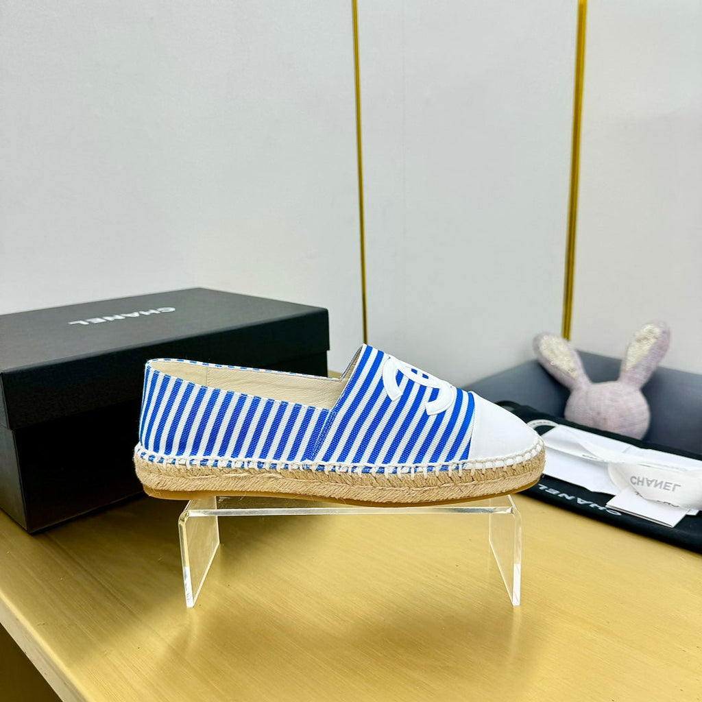Chanel Slip-On 25S in Blue and White Fabric with Striped Pattern