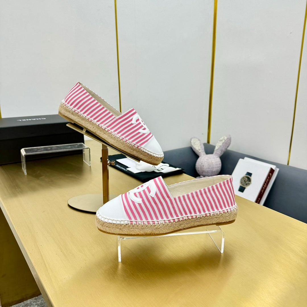 Chanel Slip-On 25S in Pink and White Fabric with Striped Pattern