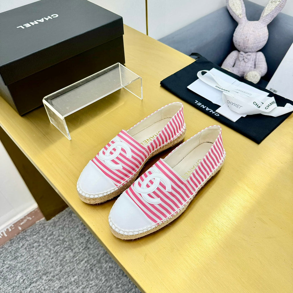 Chanel Slip-On 25S in Pink and White Fabric with Striped Pattern