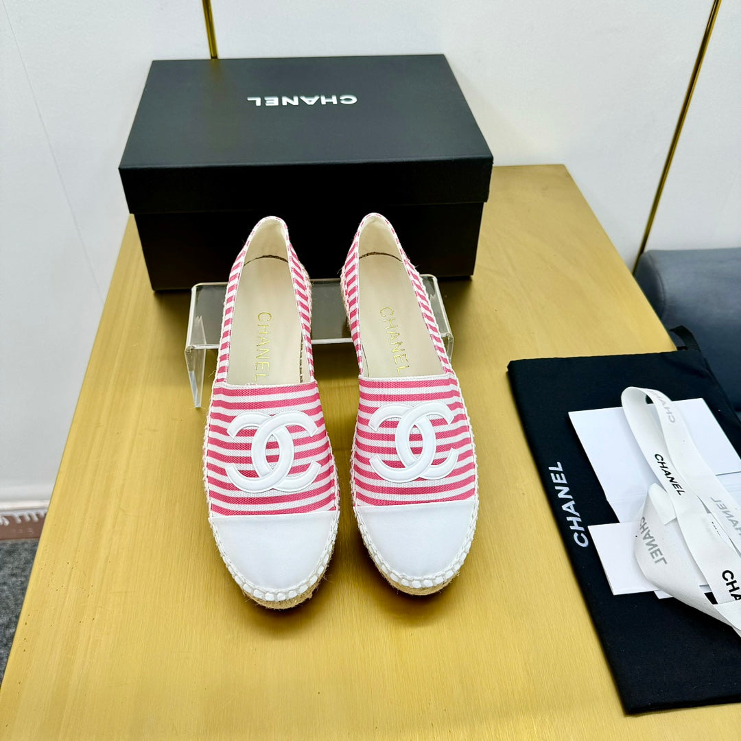 Chanel Slip-On 25S in Pink and White Fabric with Striped Pattern