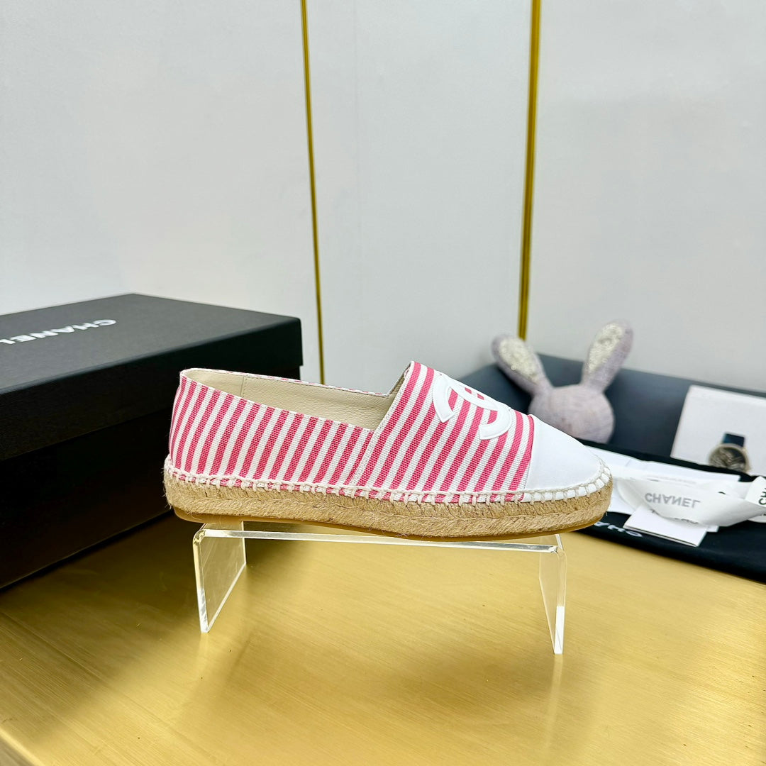 Chanel Slip-On 25S in Pink and White Fabric with Striped Pattern