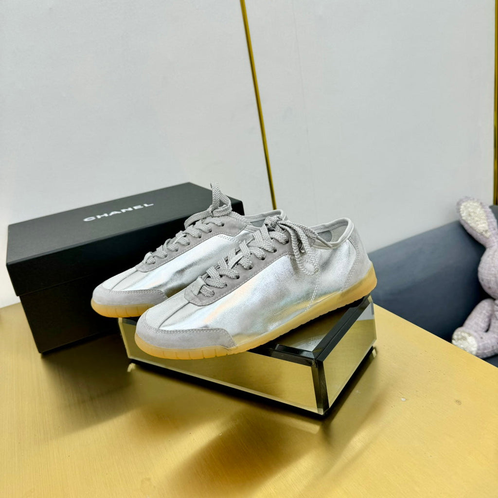 Chanel Sneaker in Silver Gray Calfskin and Suede