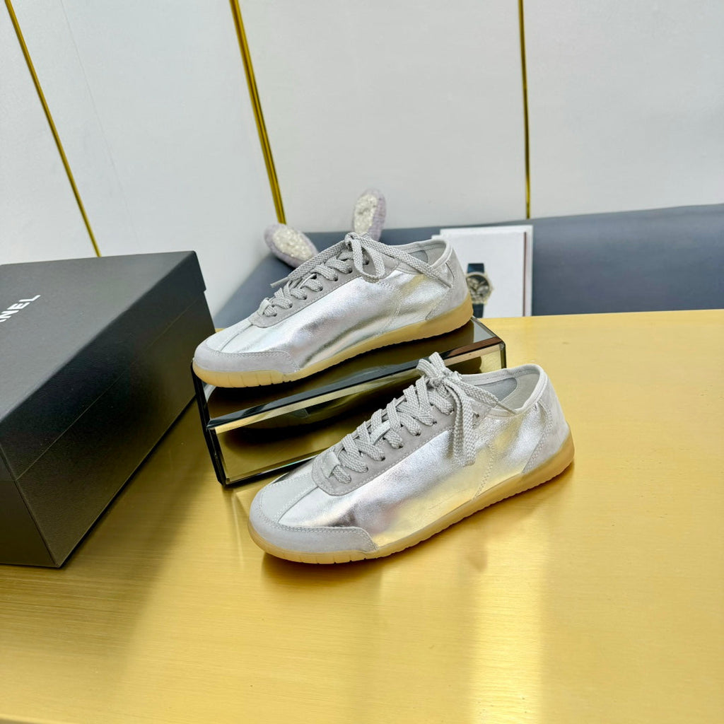Chanel Sneaker in Silver Gray Calfskin and Suede