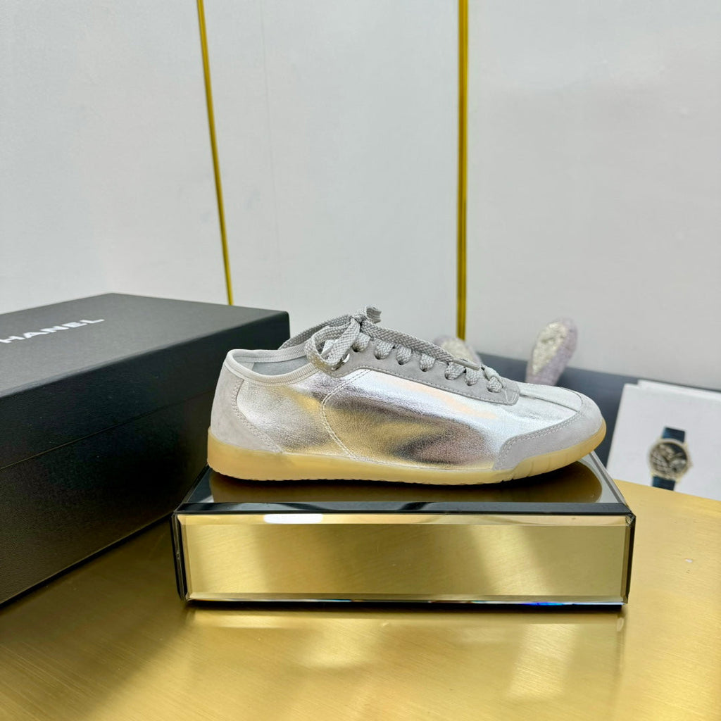 Chanel Sneaker in Silver Gray Calfskin and Suede