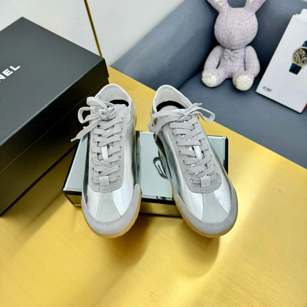 Chanel Sneaker in Silver Gray Calfskin and Suede