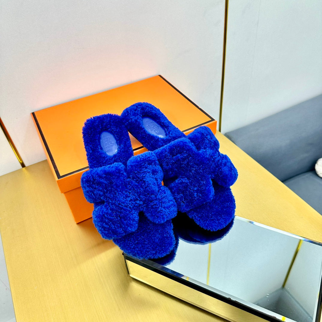 Hermes 0RAN Shearling Sandals Indigo Blue