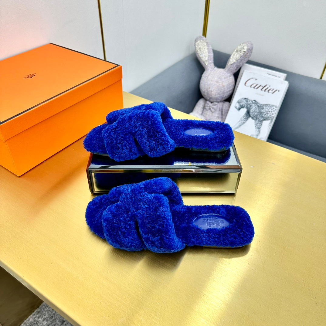 Hermes 0RAN Shearling Sandals Indigo Blue